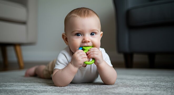 Baby, portrait and playing with toy on floor in home for sensory development, teething progress and biting. Infant, person and silicone ring in mouth for tooth growth, gums satisfaction and chewing