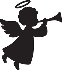 Silhouette of an angel blowing a trumpet in a graceful pose, perfect for religious, Christmas, or decorative vector designs.