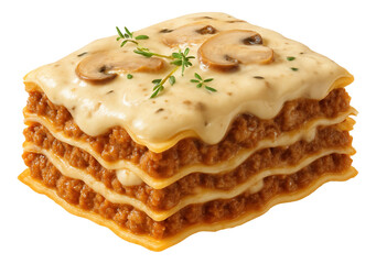Layered lasagna with beef ragu, creamy bechamel, topped with mushrooms and fresh thyme.