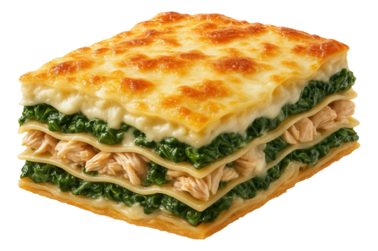 Layered chicken and spinach lasagna with creamy bechamel sauce and golden baked cheese topping.