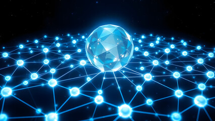 Abstract glowing sphere on a network of interconnected nodes. The image symbolizes connection, technology, and global network