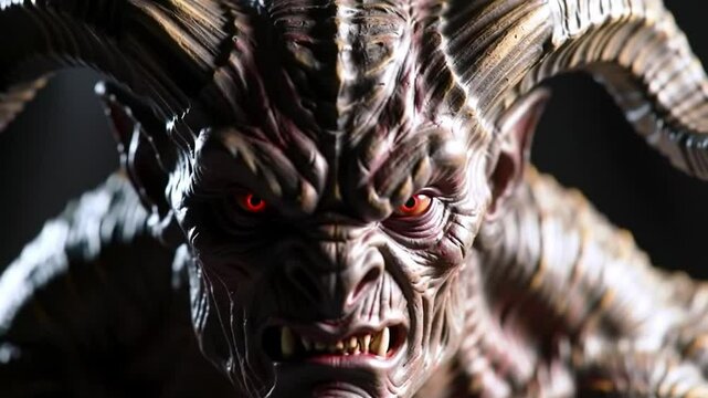 Close-up of a terrifying demonic figure with glowing red eyes and sharp horns, a chilling portrait of evil.