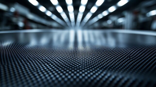 High-tech carbon fiber composite material with a textured weave pattern in the foreground and a blurred industrial production line in the background