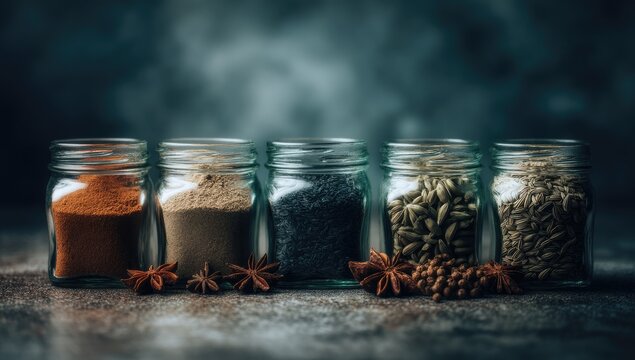 Spice jars filled with various powders and seeds - Powered by Adobe