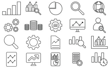Business and Data Analytics Line Icons Set – Editable Thin Stroke Vector for Finance, Reports, Charts, and Infographics, vector illustration
