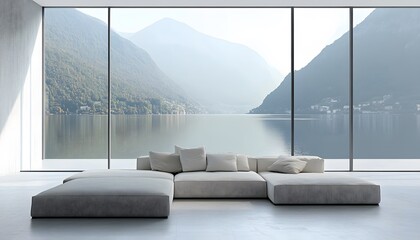Modern sectional sofa with expansive lake views.