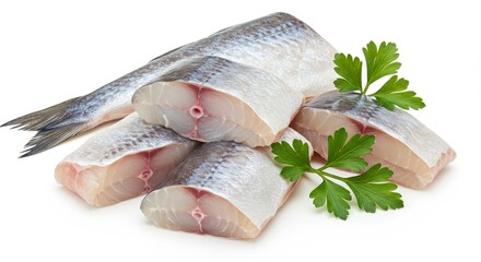 Photo Of Freshly Cut Fish Fillets and Parsley Sprigs on White Background