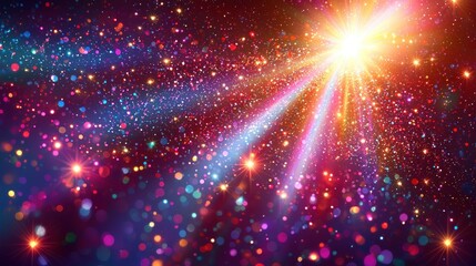 Fototapeta premium Glowing starburst with colorful bokeh, cosmic light