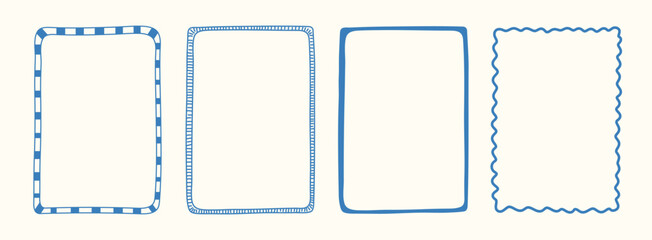 Hand drawn Italian postcard stamp set. Vintage Italy summer doodle border set. Whimsical minimal blue frames, mediterranean elements for menu, wedding, prints, invitation. Coastal Isolated Vector illu