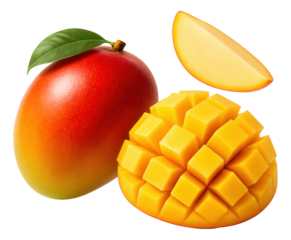 Whole mango with a leaf, a sliced mango cheek with cubes, and a mango wedge.
