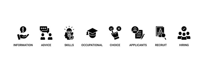 Job fair banner web icon set vector illustration concept for employee recruitment and onboarding program with an icon of the information, advice, skills, occupational, applicants, recruit, and hiring