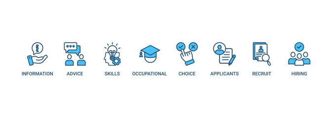 Job fair banner web icon set vector illustration concept for employee recruitment and onboarding program with an icon of the information, advice, skills, occupational, applicants, recruit, and hiring