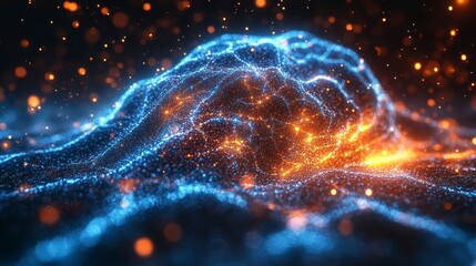 Luminous digital terrain with flowing, bright particles in blue and orange hues against a dark backdrop