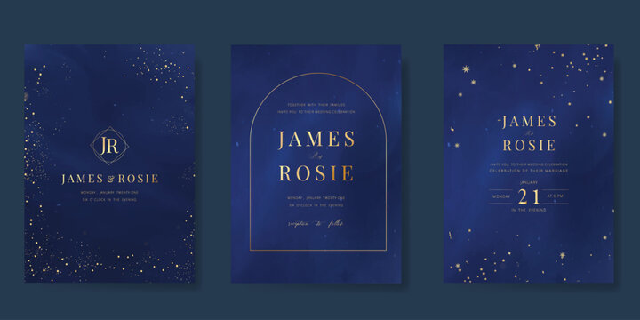 Luxury wedding card design vector set. Elegant invitation card with little star moon sun meteor and space decoration on navy blue background. Design illustration for cover, poster, gala.