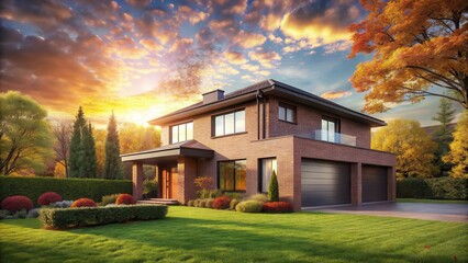 Brick house with autumnal landscape at sunset showcasing modern architecture and meticulously landscaped lawn