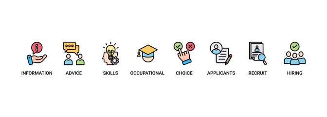 Job fair banner web icon set vector illustration concept for employee recruitment and onboarding program with an icon of the information, advice, skills, occupational, applicants, recruit, and hiring