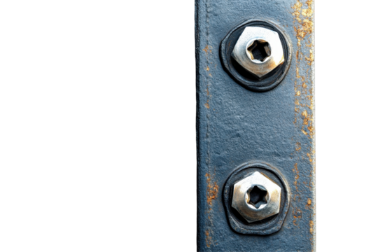 Close-up of two hex head screws in a dark gray metal panel