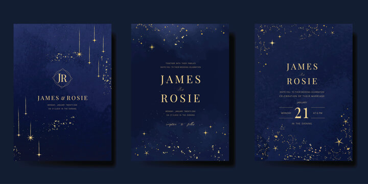 Luxury wedding card design vector set. Elegant invitation card with little star moon sun meteor and space decoration on navy blue background. Design illustration for cover, poster, gala.