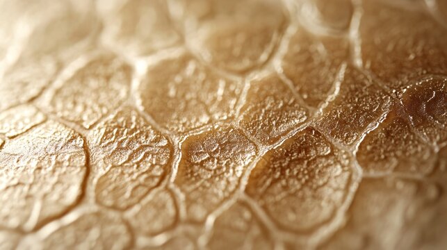 Detailed macro photography of a golden, cellular structure with a metallic sheen, creating a sophisticated and abstract reptile skin texture - Powered by Adobe