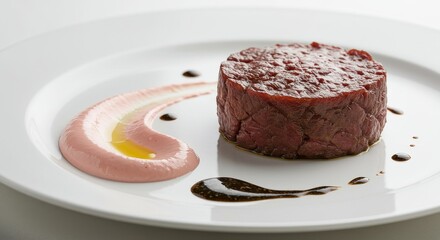 Photo Of Gourmet Meat Dish On White Plate Isolated Background