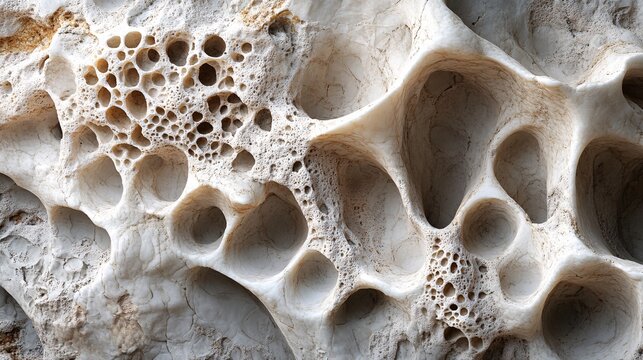 Intricate patterns of natural erosion on a beige rock surface, a fascinating display of porous honeycomb tafoni weathering