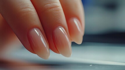 Elegant natural look manicure with nude gel polish on long healthy nails. Professional nail care and beauty salon treatment concept