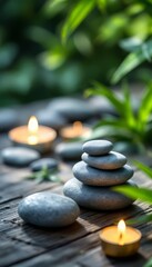 Obraz premium Stone Stack and Burning Candle on Wood with Green Leaf