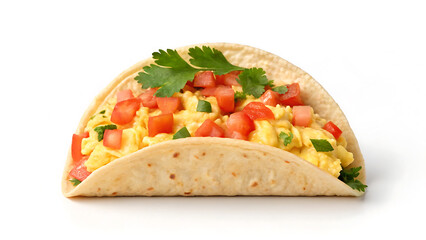 Breakfast Burrito Tacos Scrambled egg breakfast burrito with fresh tomato and cilantro in soft tortilla tacos for tasty meal