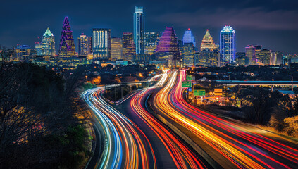 Fototapeta premium A vibrant nighttime cityscape, showcasing a skyline of illuminated skyscrapers, with light trails from speeding vehicles on a busy highway in the foreground