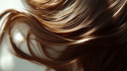 Naklejka premium Beautiful model girl with Brown hair strand,silky healthy chestnut wavy hair strand,hair wavy ribbon, with smooth,Keratin straightening,Treatment,straight long hair,procedures,Smooth hairstyle.