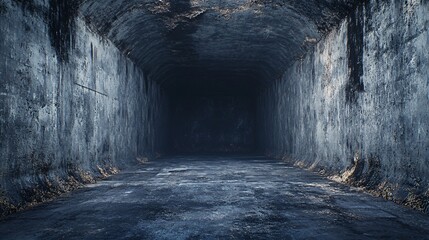 Perspective view of a spooky underground concrete tunnel with rough textured walls leading to an unknown dark destination