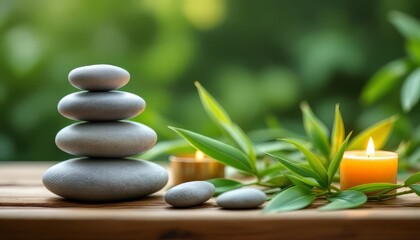 Obraz premium Stacked Stone with Candles and Green Leaves