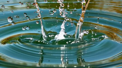 Crystal clear water droplet impacting the glassy water surface creating perfect ripples and a dynamic splash effect in natural light - Powered by Adobe