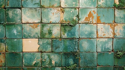 Textured background of a decaying wall with rustic green ceramic tiles showing age, peeling paint, and a natural patina