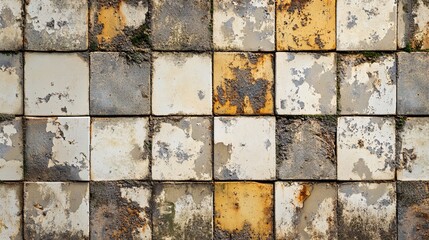 Grungy industrial backdrop featuring a pattern of old, damaged, and rusted square metal tiles from a forgotten and decaying era