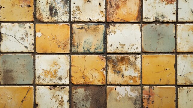 Abstract background of a weathered grid with old, cracked, and discolored square ceramic tiles, creating a rustic grunge texture
