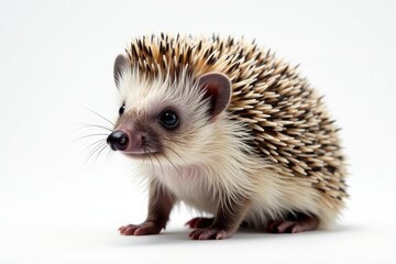 A lone hedgehog, fully visible, against a stark white backdrop, hedgehog, brown