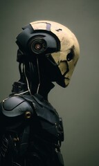Futuristic humanoid robot bust with damaged face and dark armor stands against a neutral studio background in a profile view