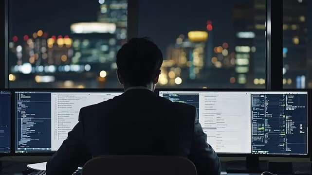 Night cityscape view from office, person coding on multiple monitors