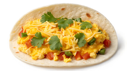 Breakfast Burrito Tacos Scrambled egg breakfast burrito with cheese, tomato, and cilantro on soft tortilla for tasty tacos
