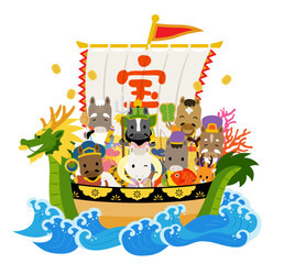 ウマ年の七福神が乗った宝船