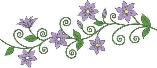 Beautiful spring floral vector illustration with pink and purple blossom flowers, leaves, and elegant pattern design