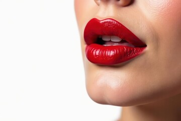 Obraz premium Bold red lip color against stark white, perfect for cosmetic ads, cosmetic, studio shot, fashion