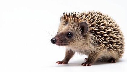 Fototapeta premium Close-up of a hedgehog's face and spines against a stark white backdrop, eyes, wildlife photography