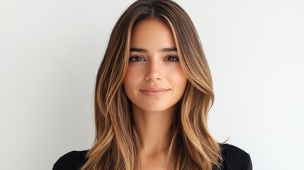 Fototapeta premium Beautiful model girl with Brown hair strand,silky healthy chestnut wavy hair strand,hair wavy ribbon, with smooth,Keratin straightening,Treatment,straight long hair,procedures,Smooth hairstyle.