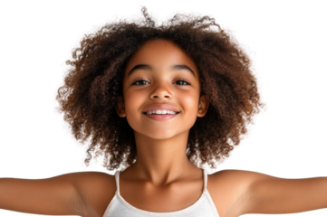 Radiant Youth: A joyful young girl with a radiant smile, embodying pure happiness, joyfully spreads her arms wide, embracing the world with openhearted warmth. 