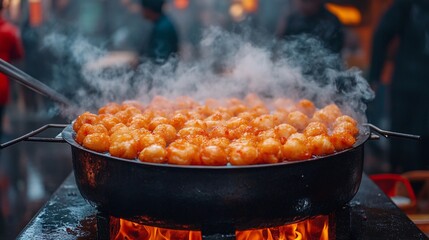 Golden dumplings sizzling and steaming in a large skillet over a crackling open fire at an outdoor food festival