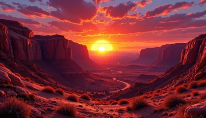 Perspective view of wold envariroment concept. Stunning sunset over a canyon landscape with vibrant colors and dramatic clouds. © Cherrin