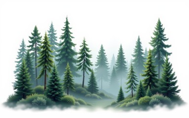Obraz premium Perspective view of wold envariroment concept. Lush green forest with tall pine trees and a misty background.