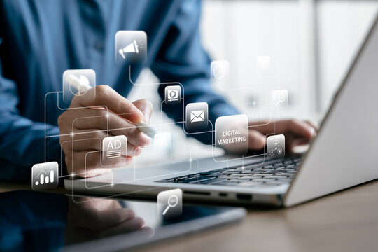 Businesswoman Working with Digital Marketing Strategy on Laptop, Managing Online Campaigns, Social Media, SEO Analytics, and Marketing Performance Dashboard for Brand Growth and Customer Engagement